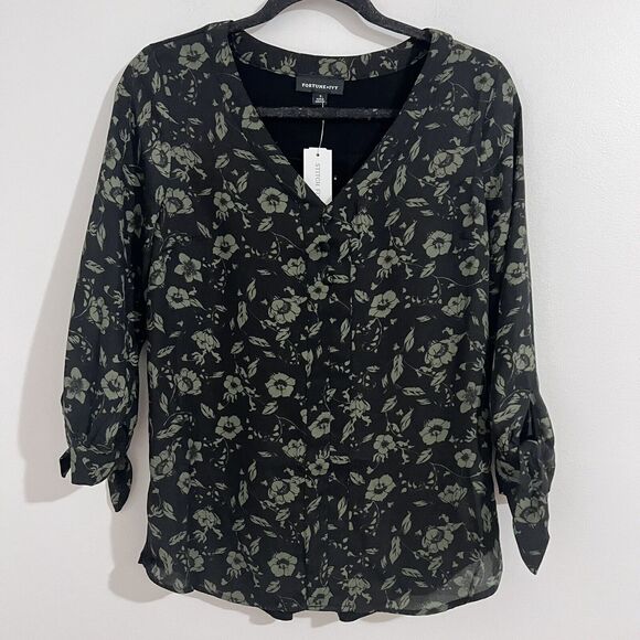 Fortune + Ivy Black and Olive Green Floral Popover Top Size S Office 3/4 Sleeve - Picture 1 of 6